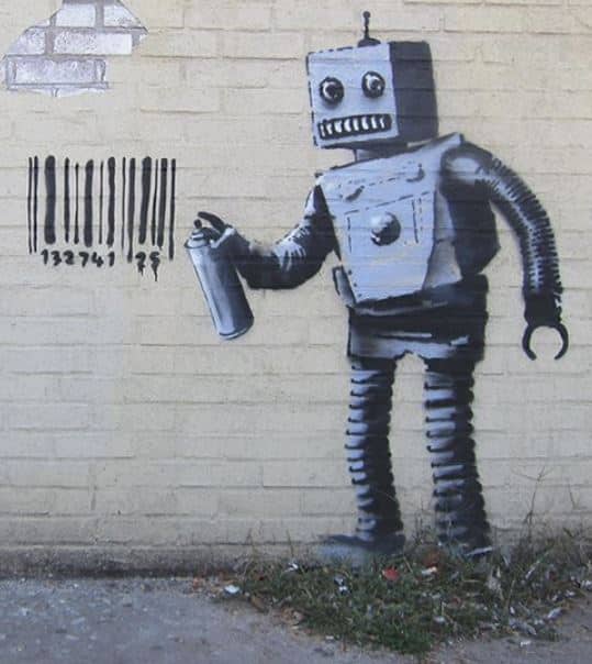 Banksy robot spray painting himself: brilliant how to remove spray paint from a masterpiece by banksy: don't