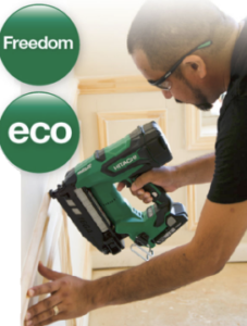 hitachi metabo graphic shows pin nailer in use man shoots nail with a hitachi pin nailer