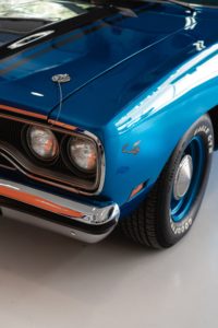 1969 Plymouth Roadrunner on painted garage floor