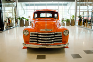 Chevy on garage tile floor