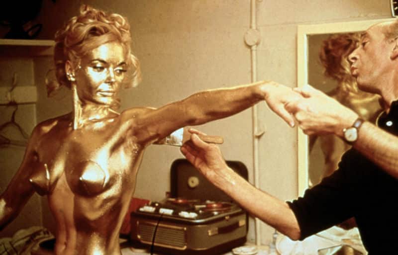 Shirley Eaton getting dressed for her role in Goldfinger 1964